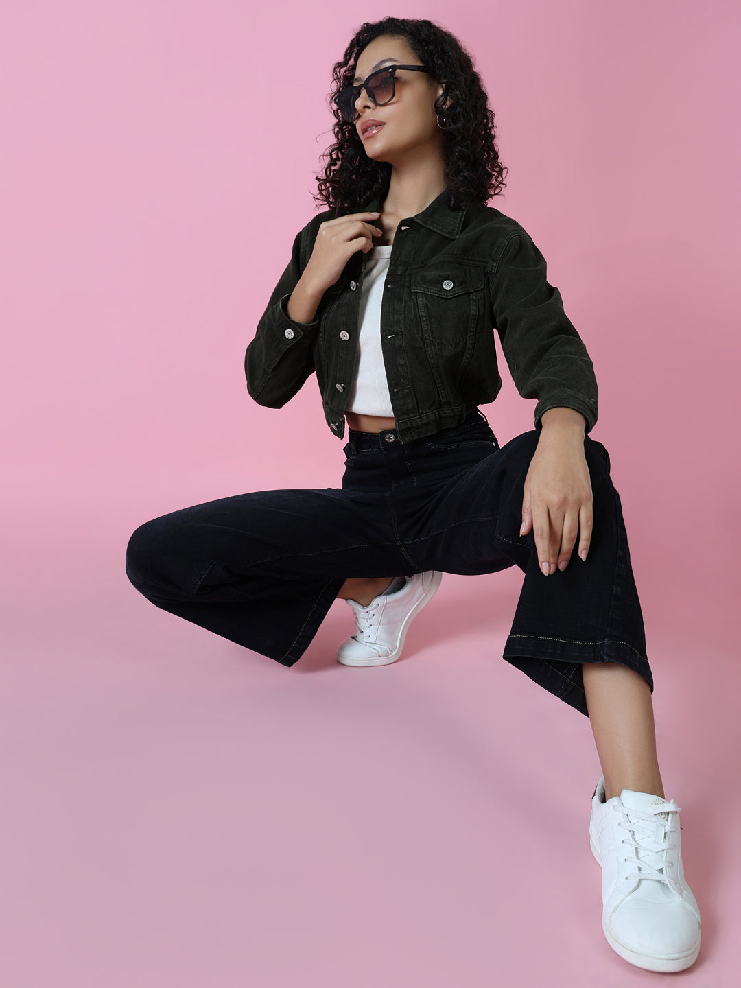 Women's Olive Spread Collar Long Sleeve Crop Denim Jacket