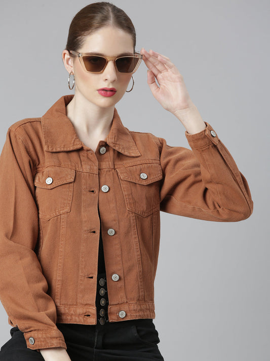 Women's Brown Spread Collar Denim Jacket