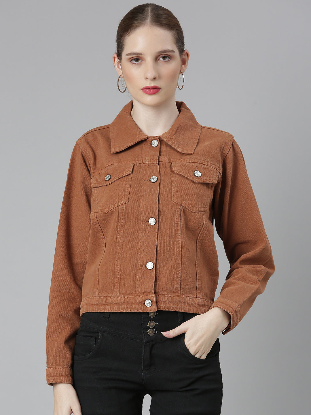 Women's Brown Spread Collar Denim Jacket