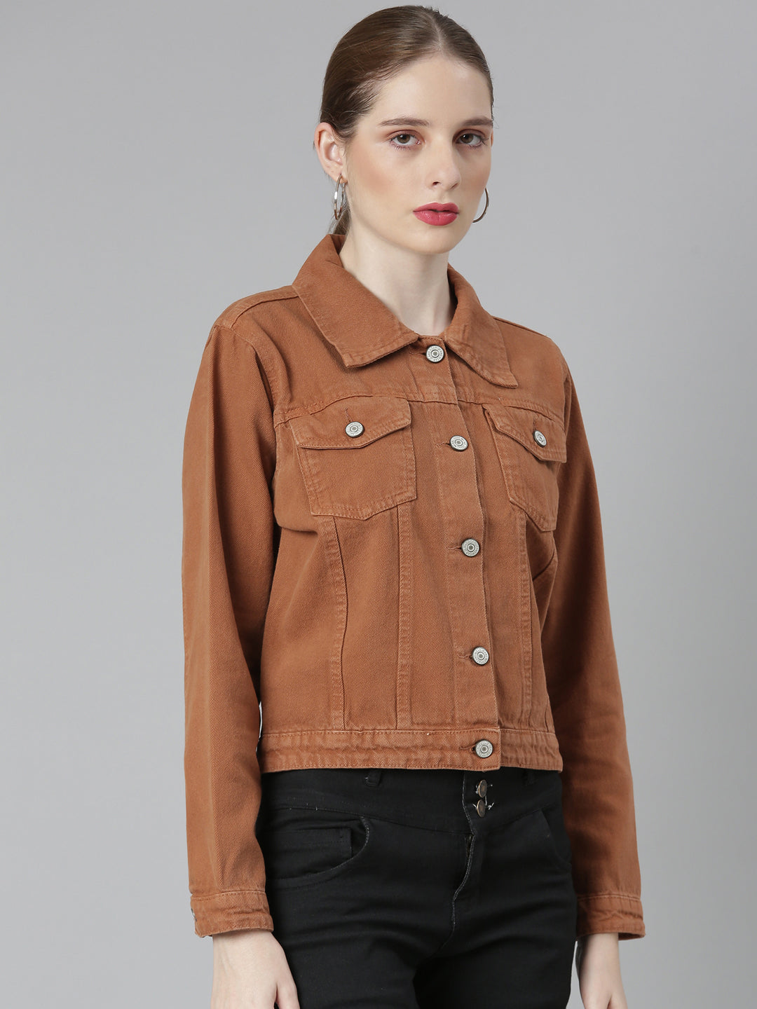 Women's Brown Spread Collar Denim Jacket