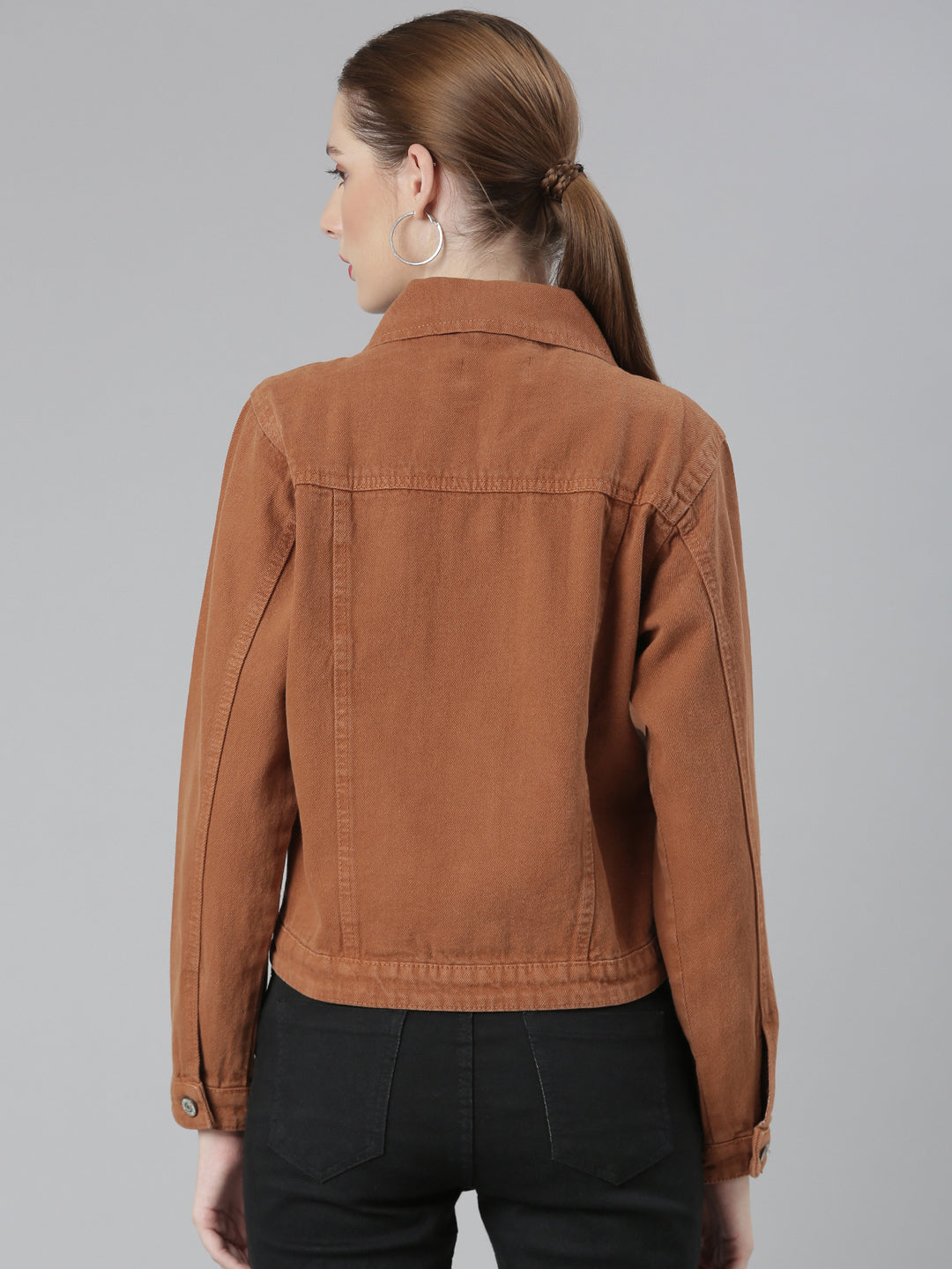 Women's Brown Spread Collar Denim Jacket