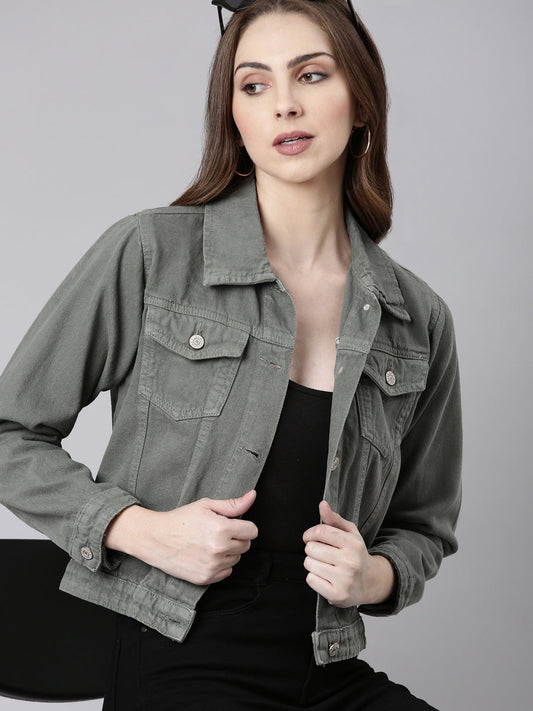 Women's Grey Spread Collar Crop Denim Jacket