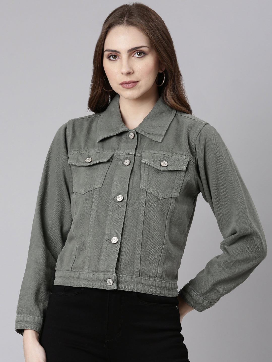 Women's Grey Spread Collar Crop Denim Jacket