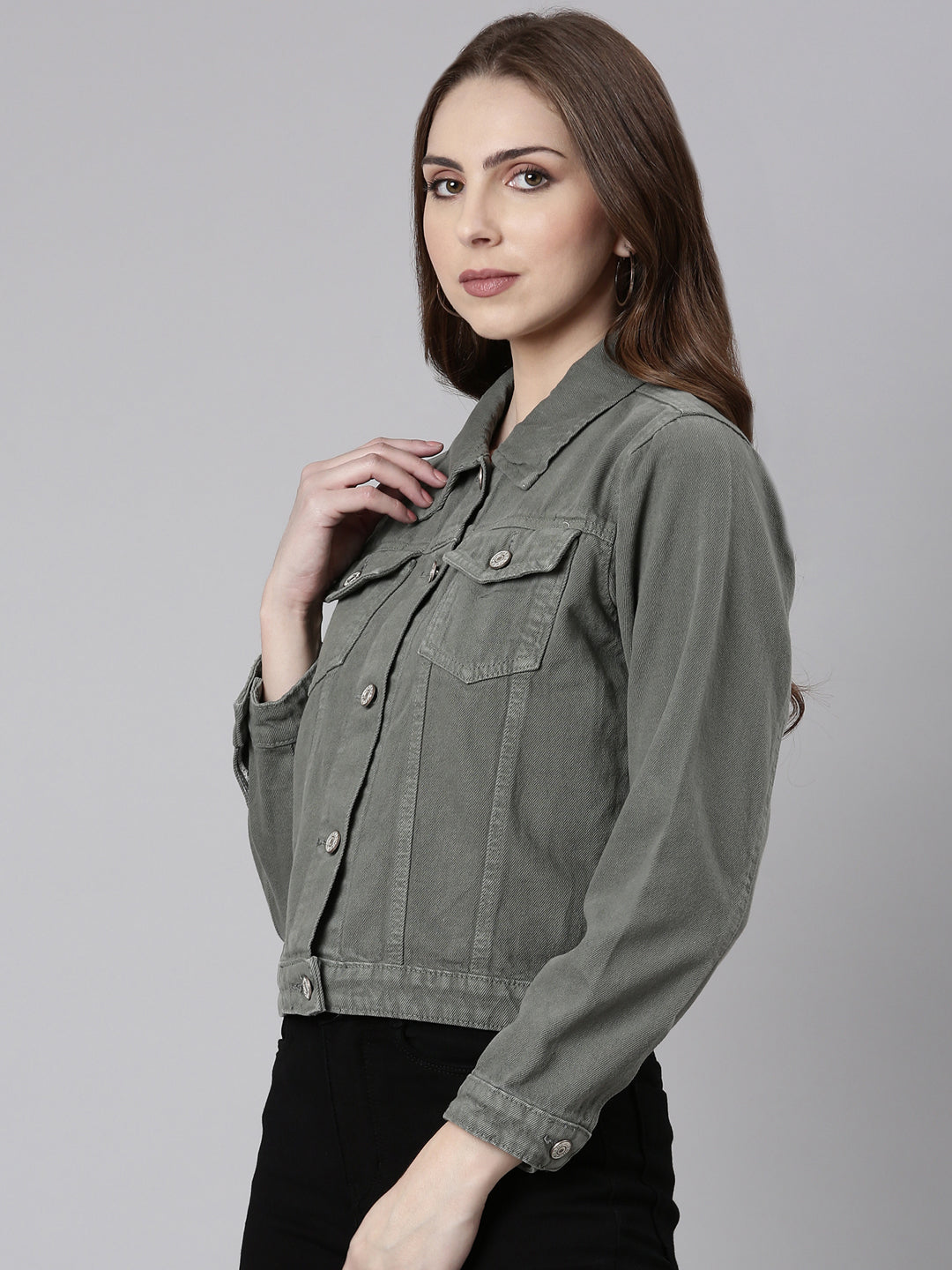 Women's Grey Spread Collar Crop Denim Jacket