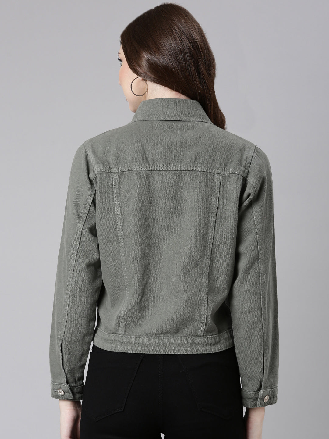 Women's Grey Spread Collar Crop Denim Jacket