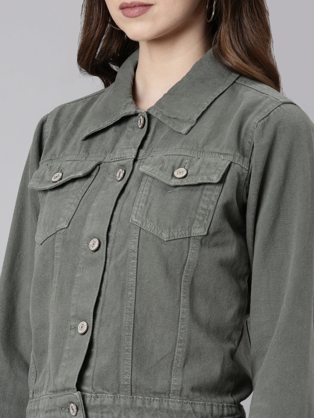 Women's Grey Spread Collar Crop Denim Jacket