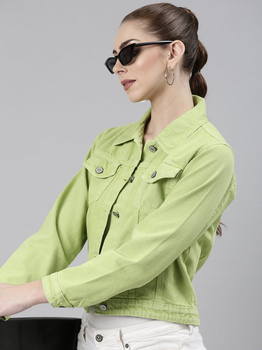 Women's Lime Green Spread Collar Crop Denim Jacket