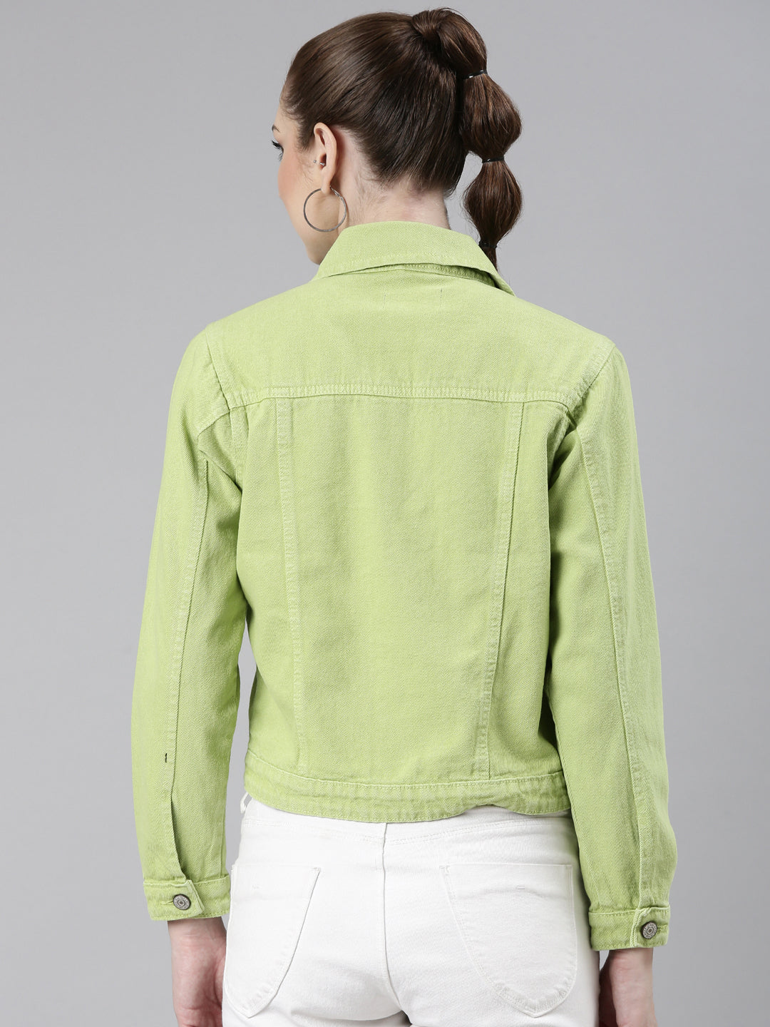 Women's Lime Green Spread Collar Crop Denim Jacket