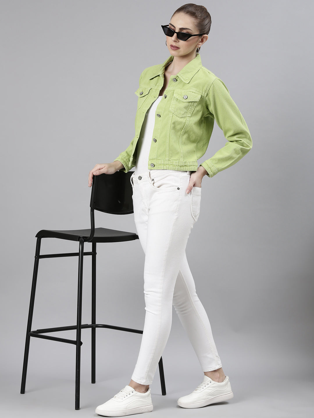 Women's Lime Green Spread Collar Crop Denim Jacket
