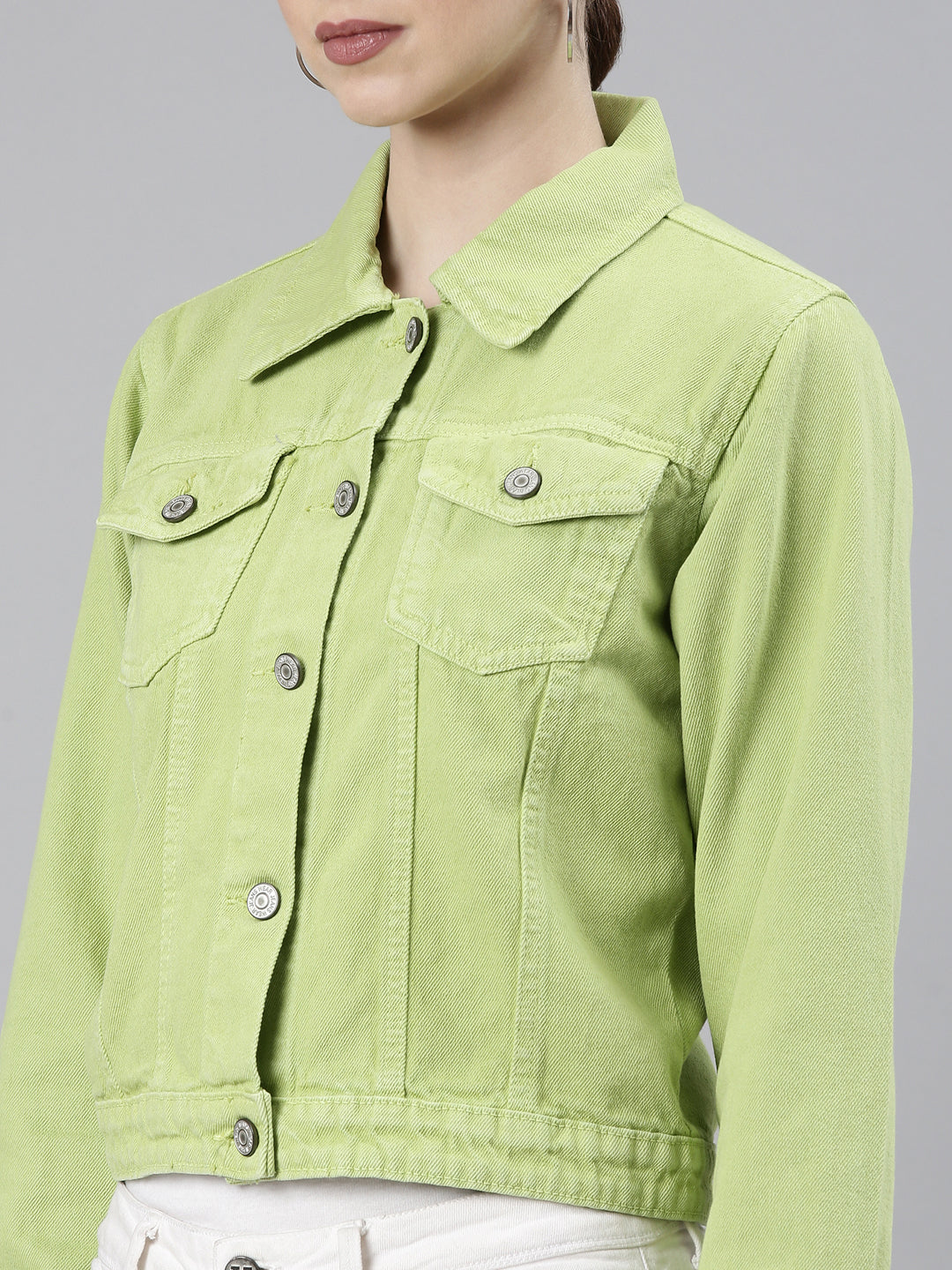 Women's Lime Green Spread Collar Crop Denim Jacket
