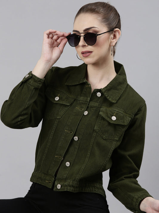 Women's Olive Spread Collar Long Sleeve Studded Denim Jacket