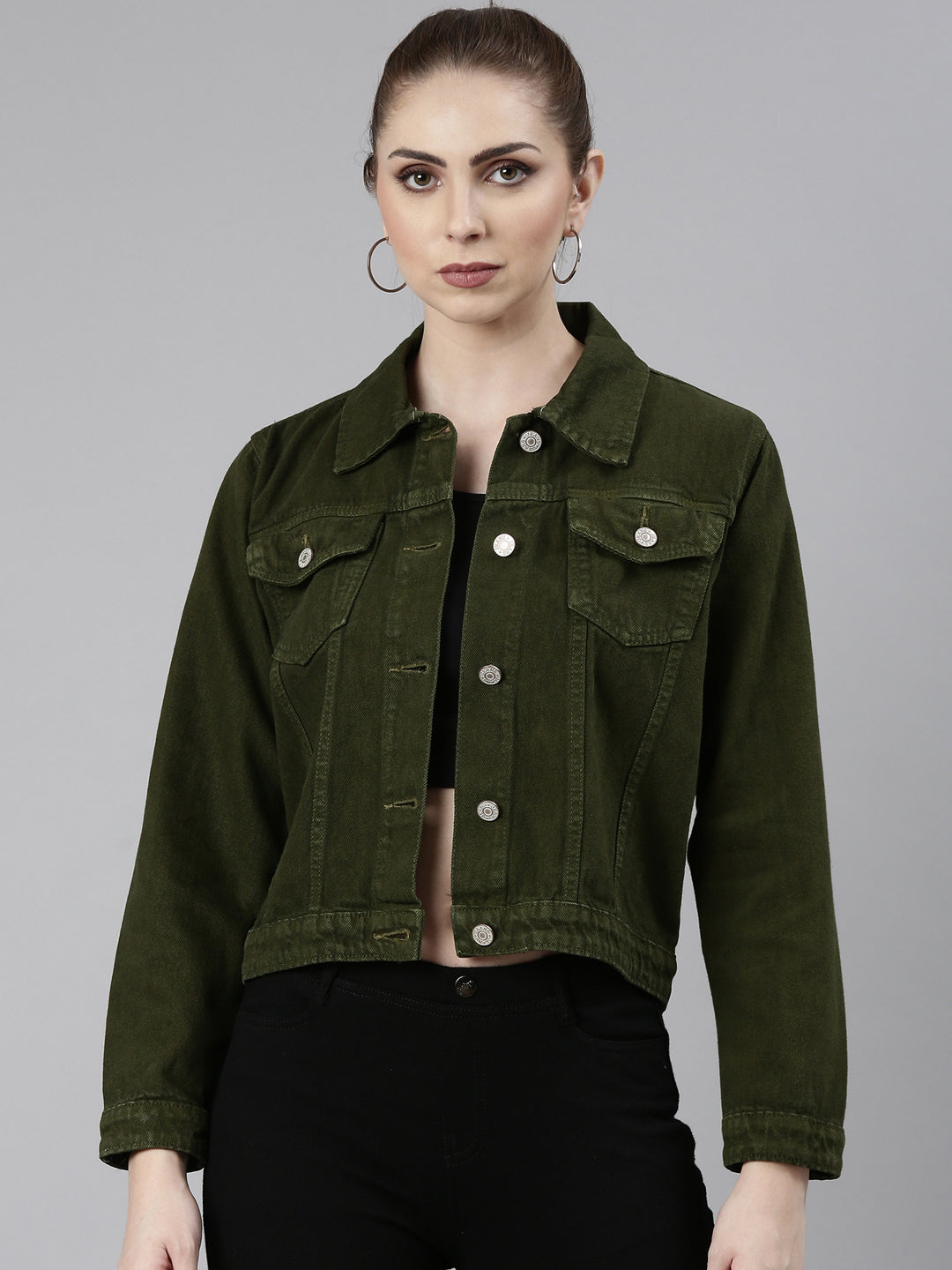 Women's Olive Spread Collar Long Sleeve Studded Denim Jacket