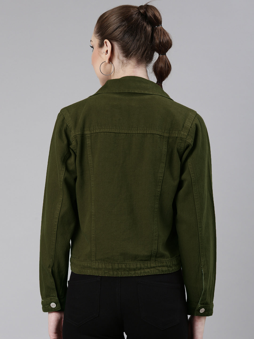 Women's Olive Spread Collar Long Sleeve Studded Denim Jacket