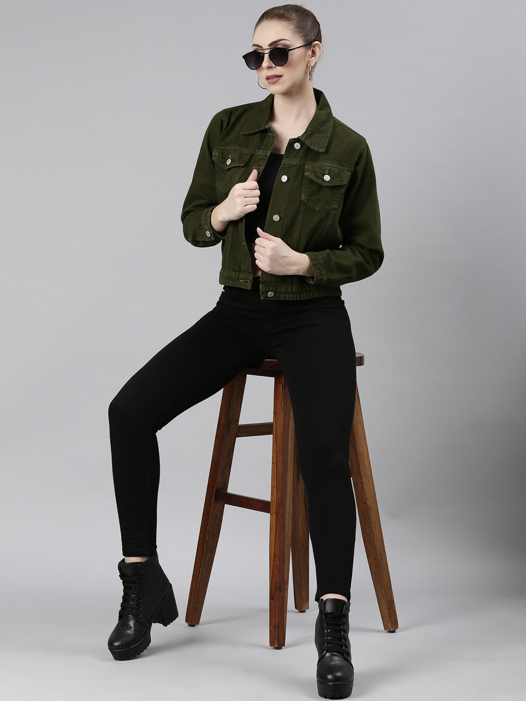 Women's Olive Spread Collar Long Sleeve Studded Denim Jacket