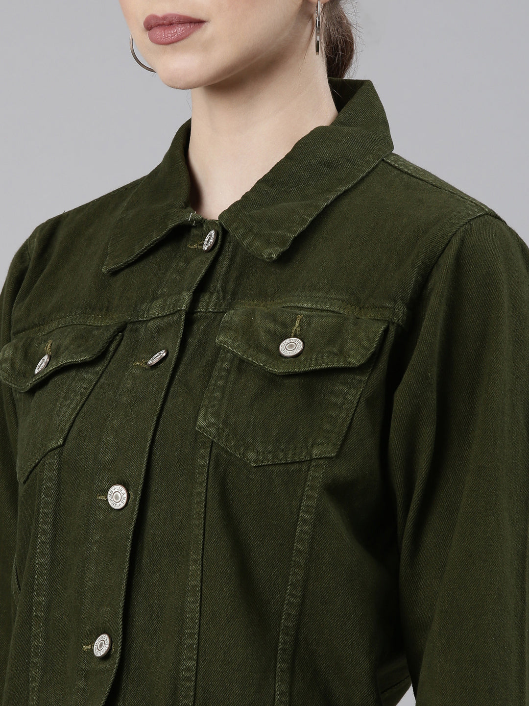 Women's Olive Spread Collar Long Sleeve Studded Denim Jacket