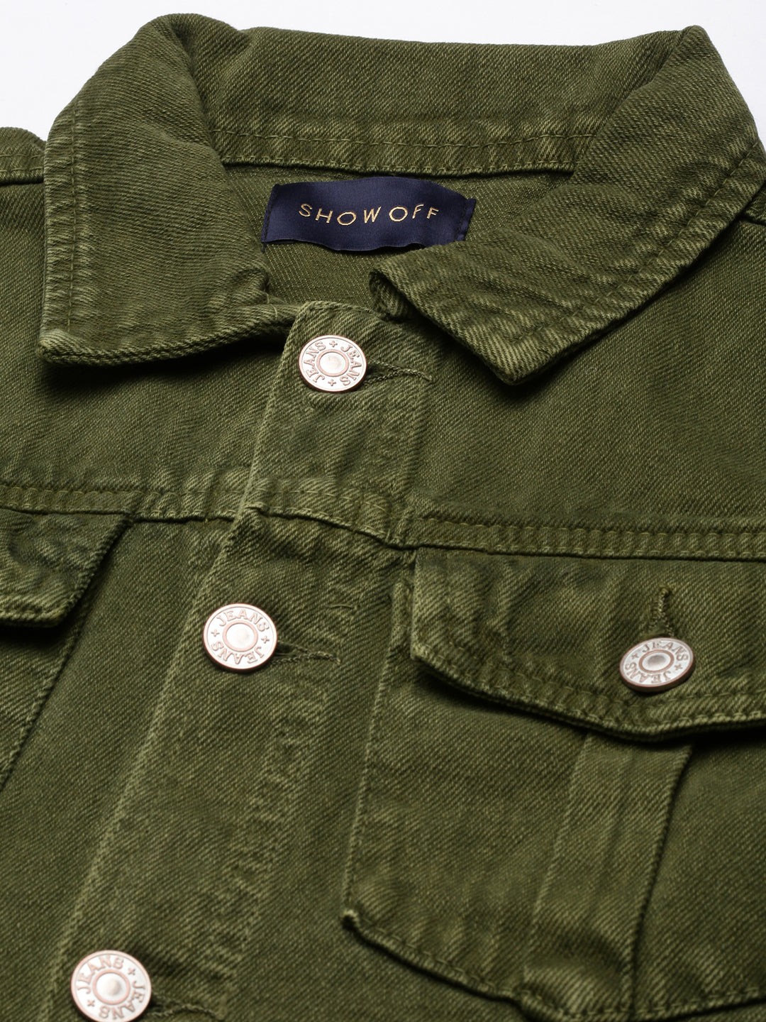 Women's Olive Spread Collar Long Sleeve Studded Denim Jacket