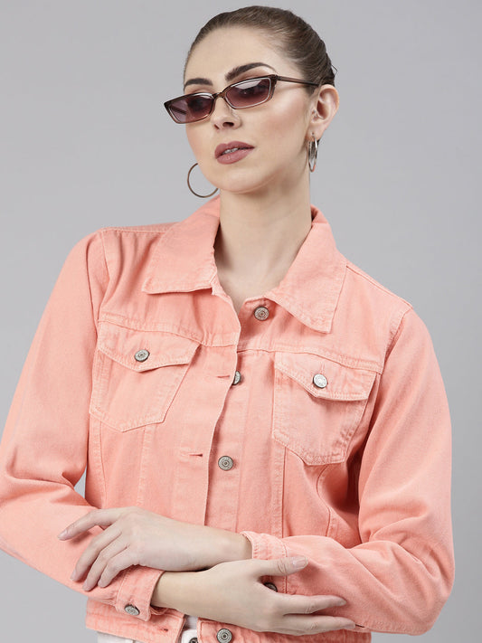 Women's Peach Spread Collar Crop Denim Jacket