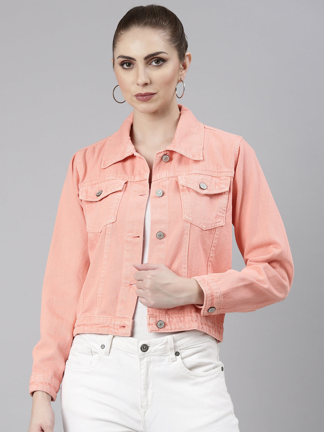 Women's Peach Spread Collar Crop Denim Jacket