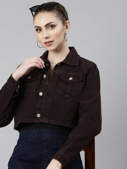 Women's Brown Spread Collar Long Sleeve Crop Denim Jacket