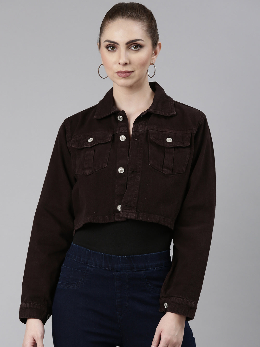 Women's Brown Spread Collar Long Sleeve Crop Denim Jacket