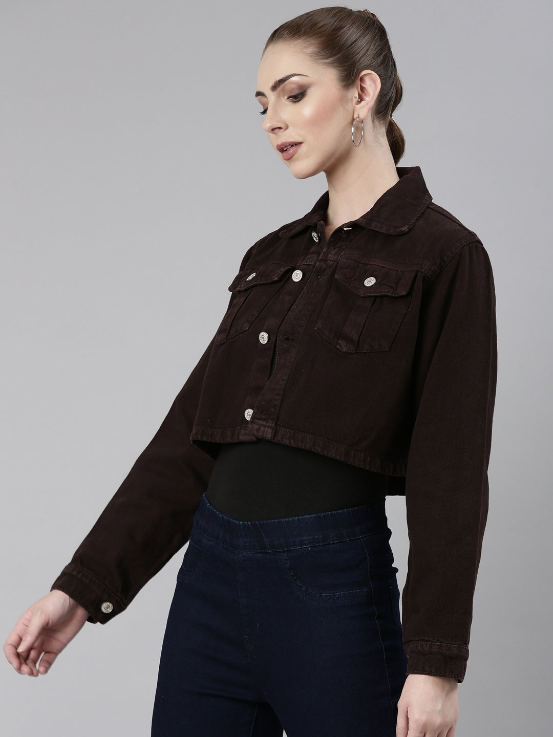 Women's Brown Spread Collar Long Sleeve Crop Denim Jacket
