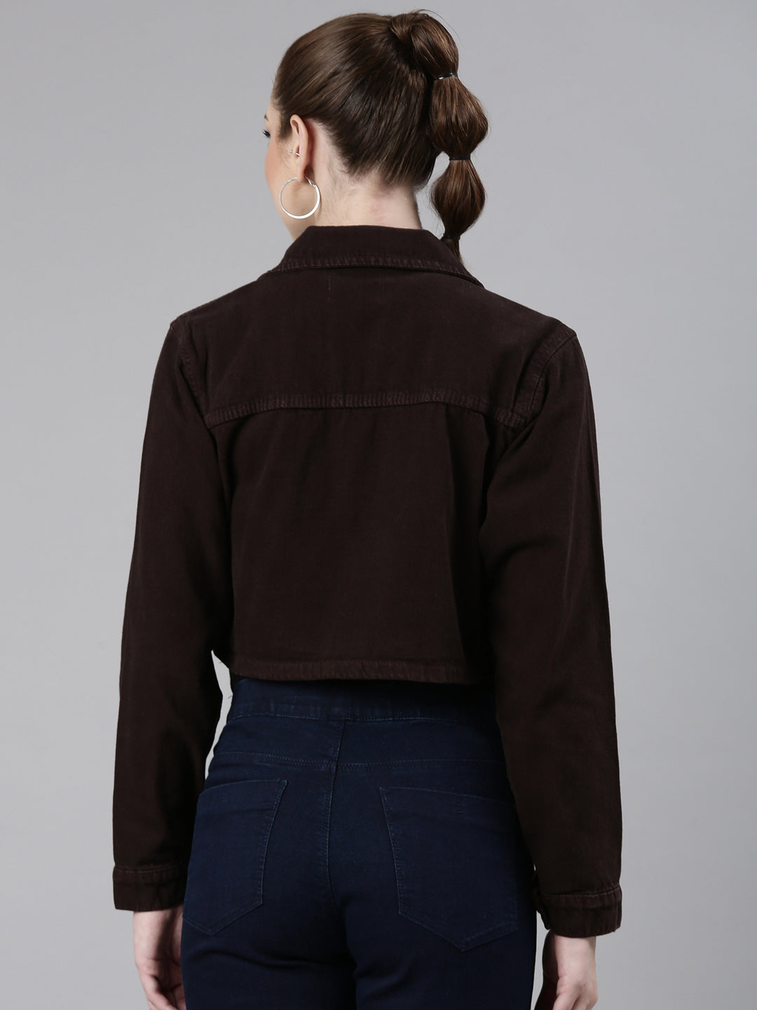 Women's Brown Spread Collar Long Sleeve Crop Denim Jacket