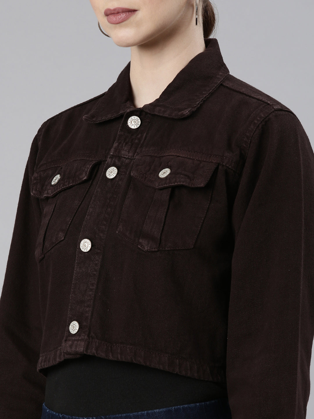 Women's Brown Spread Collar Long Sleeve Crop Denim Jacket