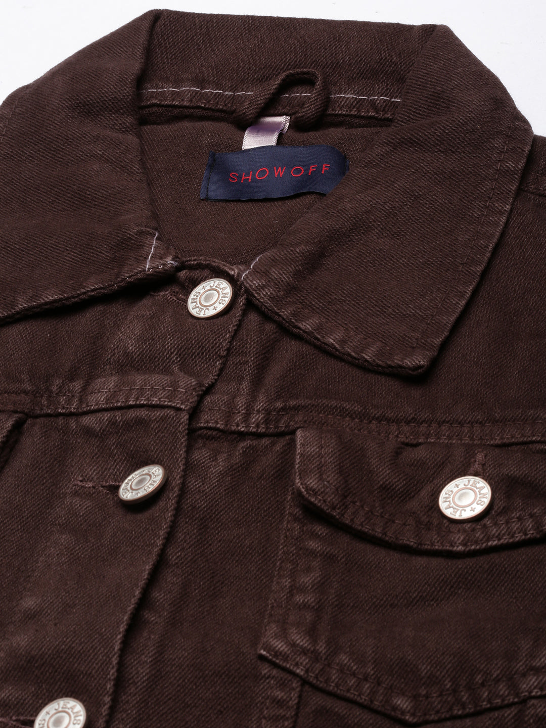Women's Brown Spread Collar Long Sleeve Crop Denim Jacket