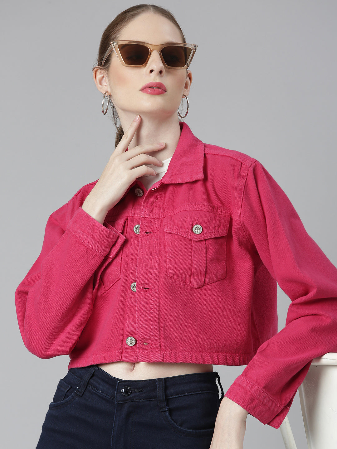 Women's Fuchsia Spread Collar Crop Denim Jacket