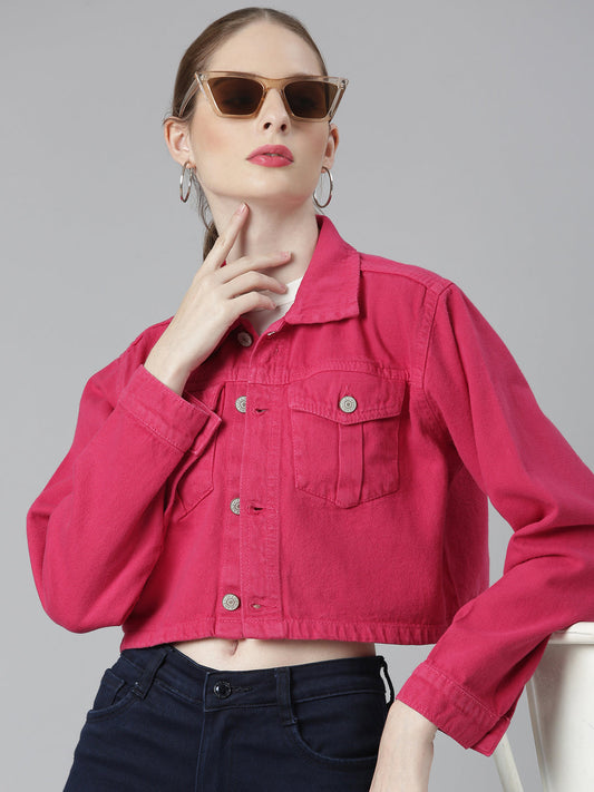 Women's Fuchsia Spread Collar Crop Denim Jacket