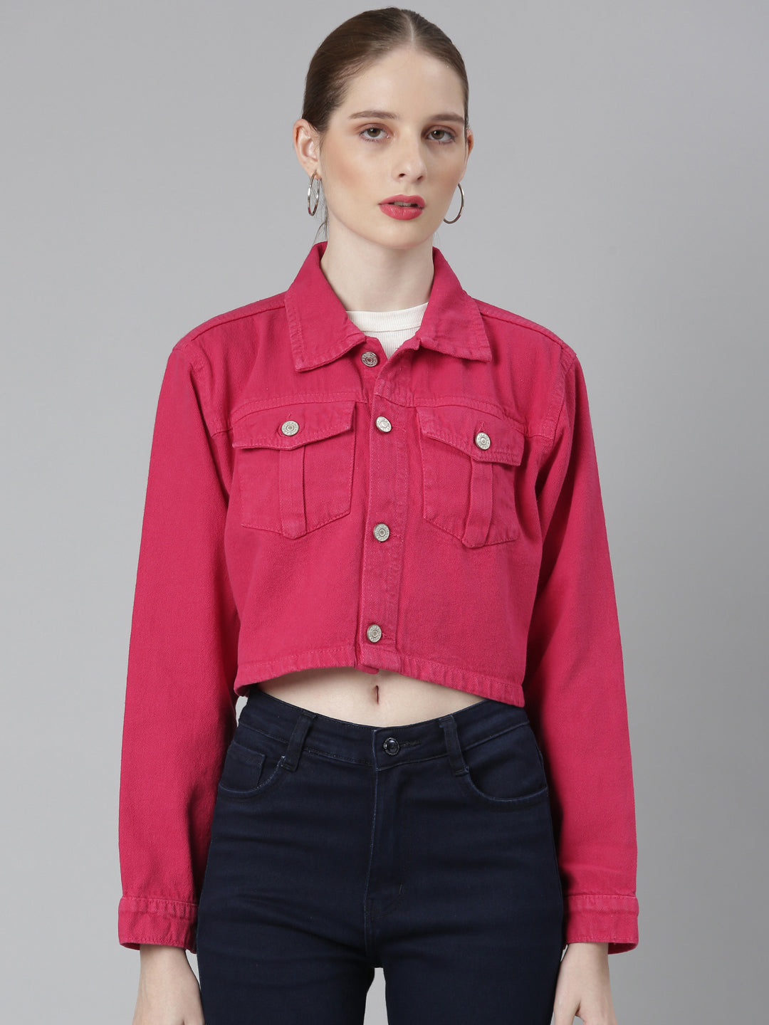 Women's Fuchsia Spread Collar Crop Denim Jacket