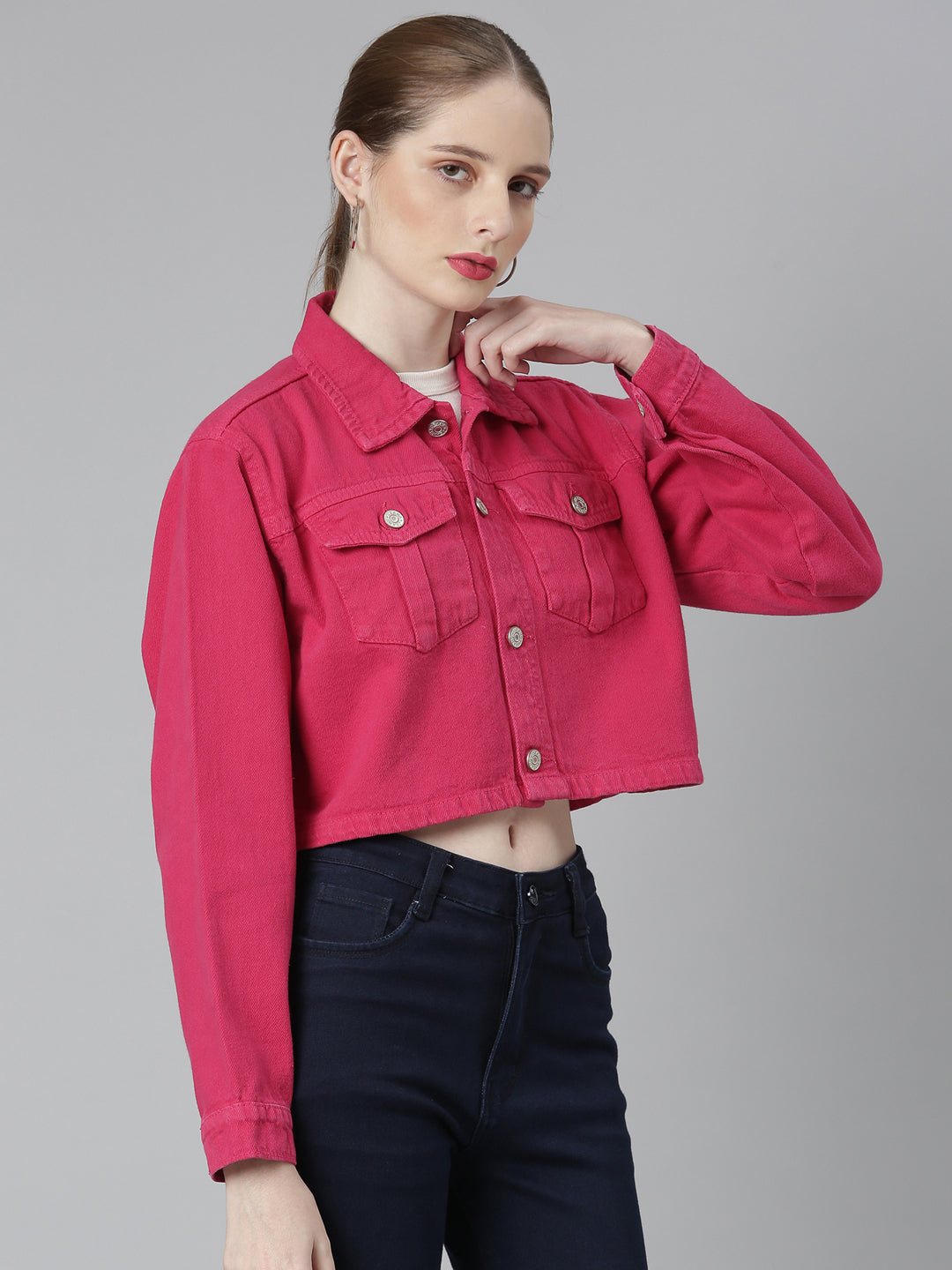 Women's Fuchsia Spread Collar Crop Denim Jacket