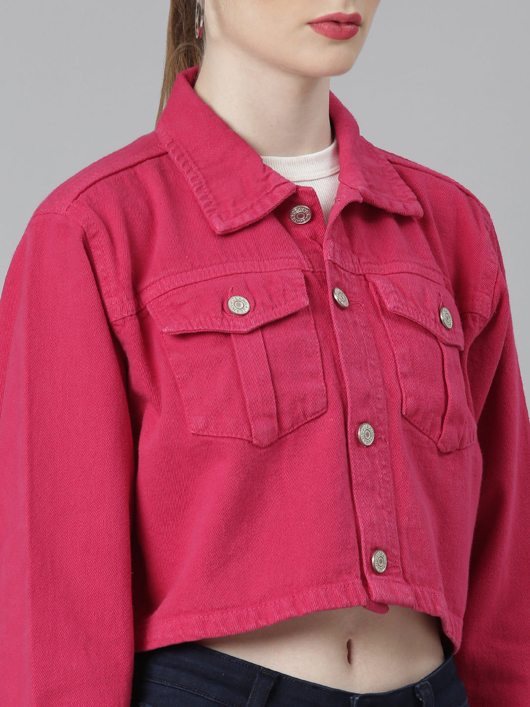 Women's Fuchsia Spread Collar Crop Denim Jacket