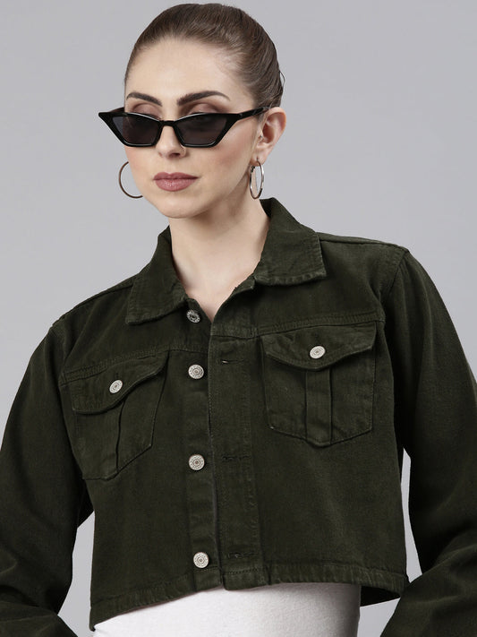 Women's Olive Crop Oversized Denim Jacket