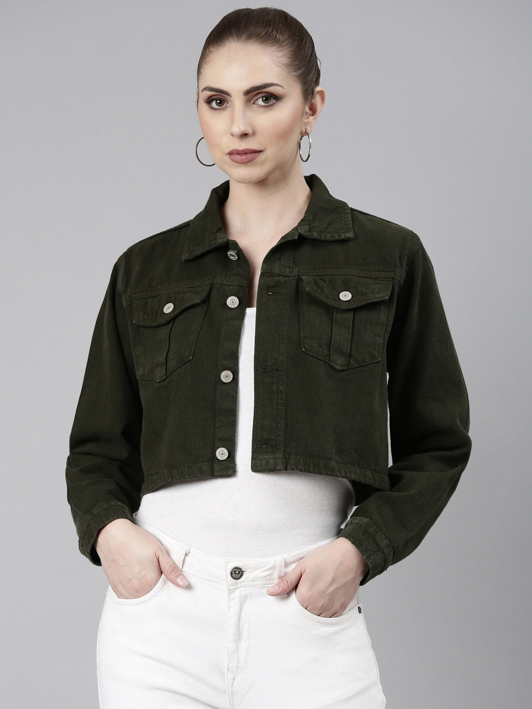 Women's Olive Crop Oversized Denim Jacket