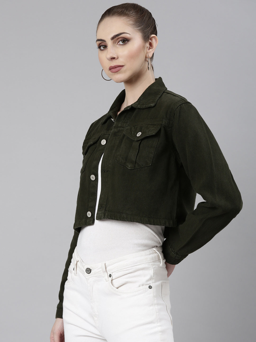 Women's Olive Crop Oversized Denim Jacket