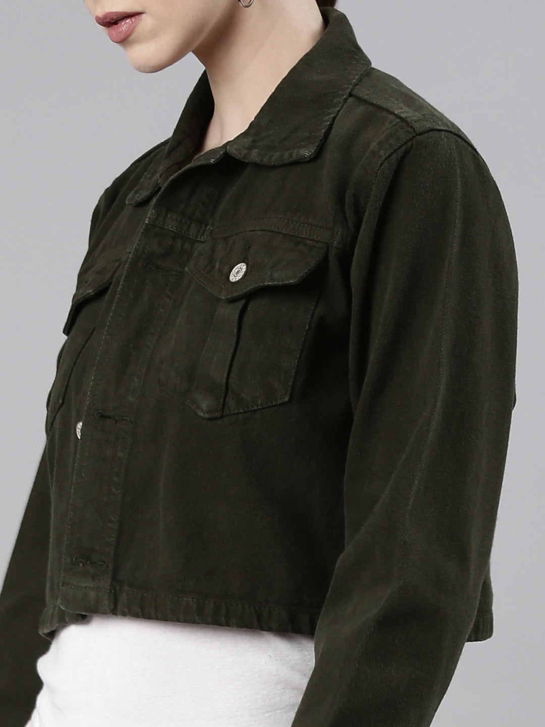 Women's Olive Crop Oversized Denim Jacket