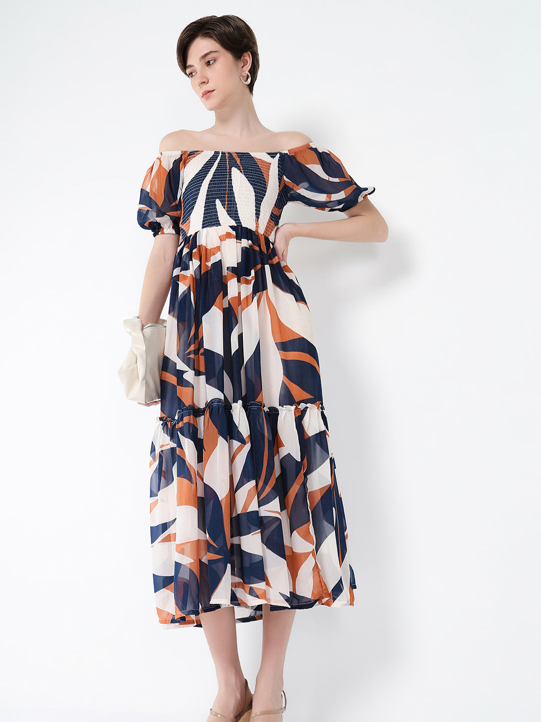 Women's Navy Blue Abstract Printed Off-Shoulder Puff Sleeves Fit & Flare Midi Dress