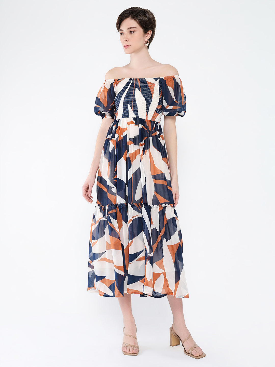 Women's Navy Blue Abstract Printed Off-Shoulder Puff Sleeves Fit & Flare Midi Dress