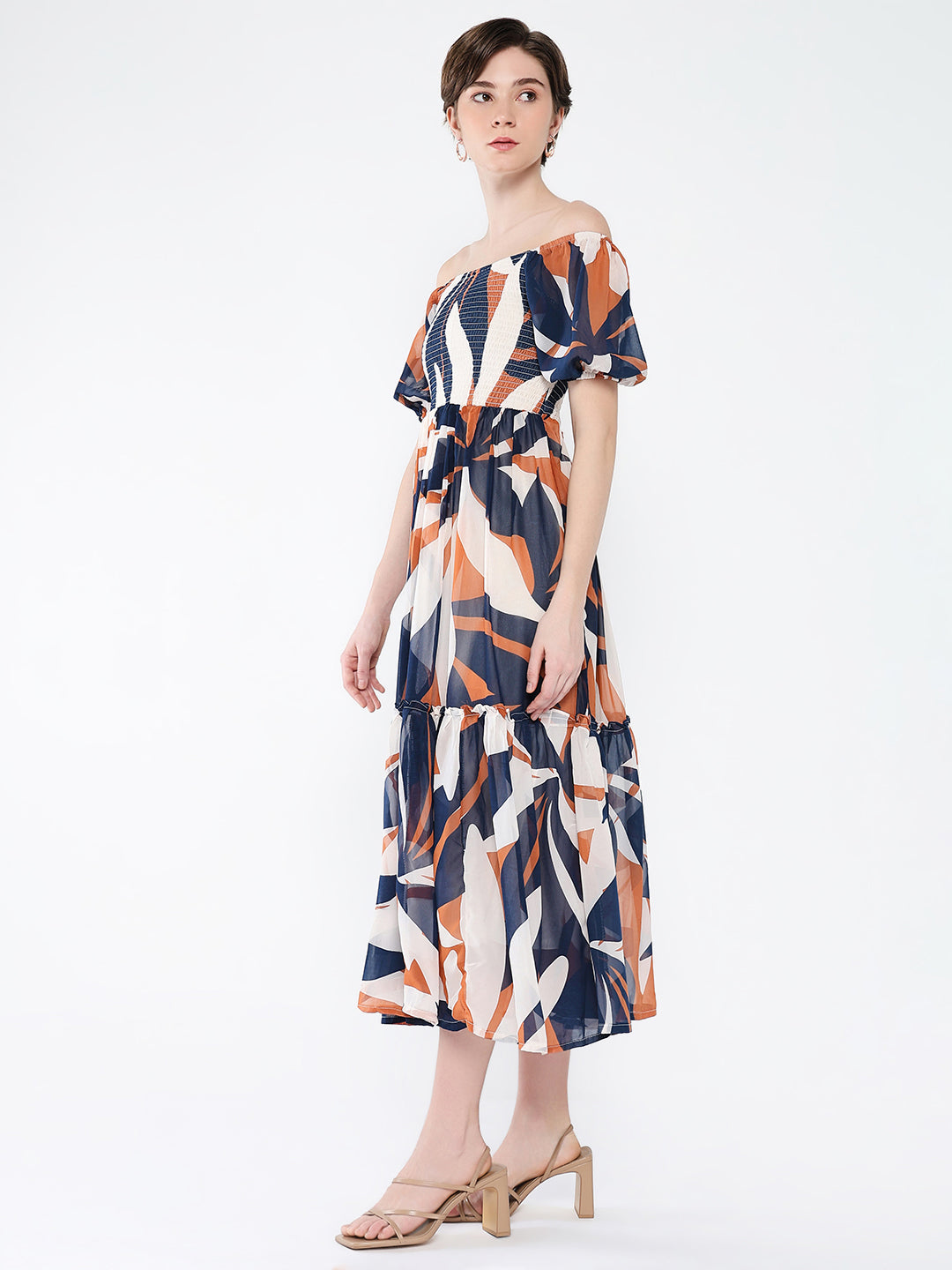 Women's Navy Blue Abstract Printed Off-Shoulder Puff Sleeves Fit & Flare Midi Dress