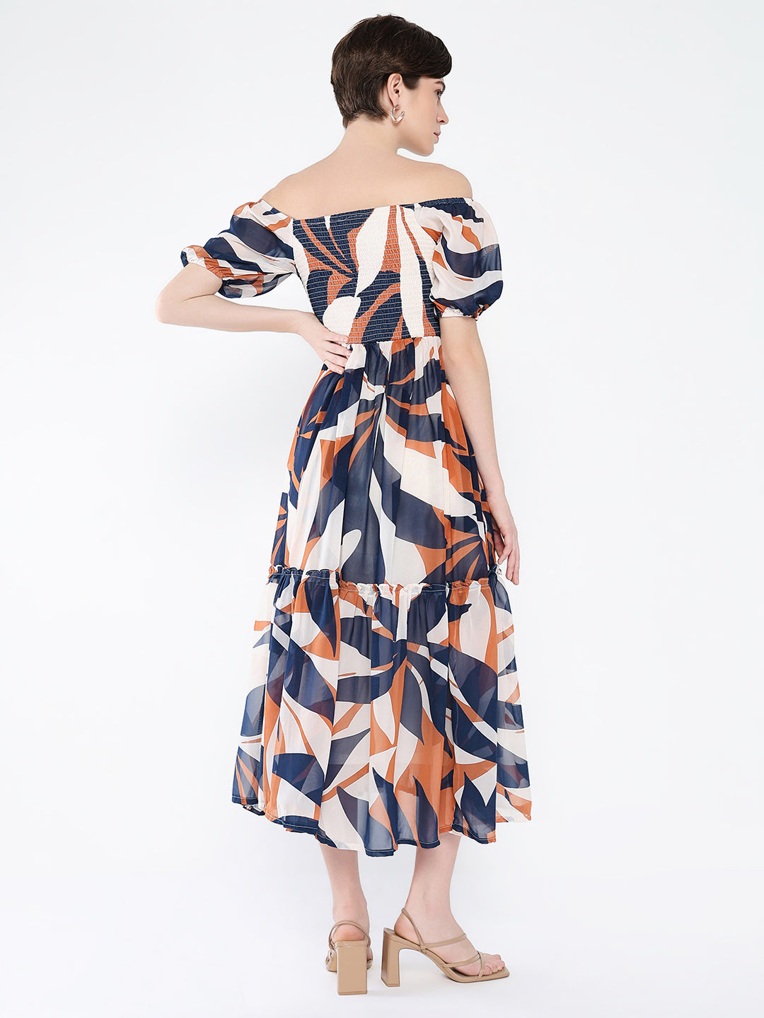 Women's Navy Blue Abstract Printed Off-Shoulder Puff Sleeves Fit & Flare Midi Dress