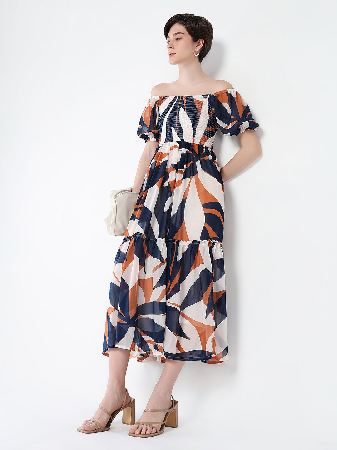 Women's Navy Blue Abstract Printed Off-Shoulder Puff Sleeves Fit & Flare Midi Dress