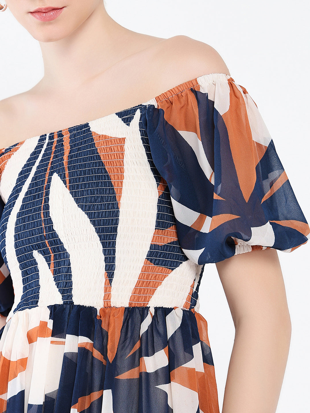 Women's Navy Blue Abstract Printed Off-Shoulder Puff Sleeves Fit & Flare Midi Dress