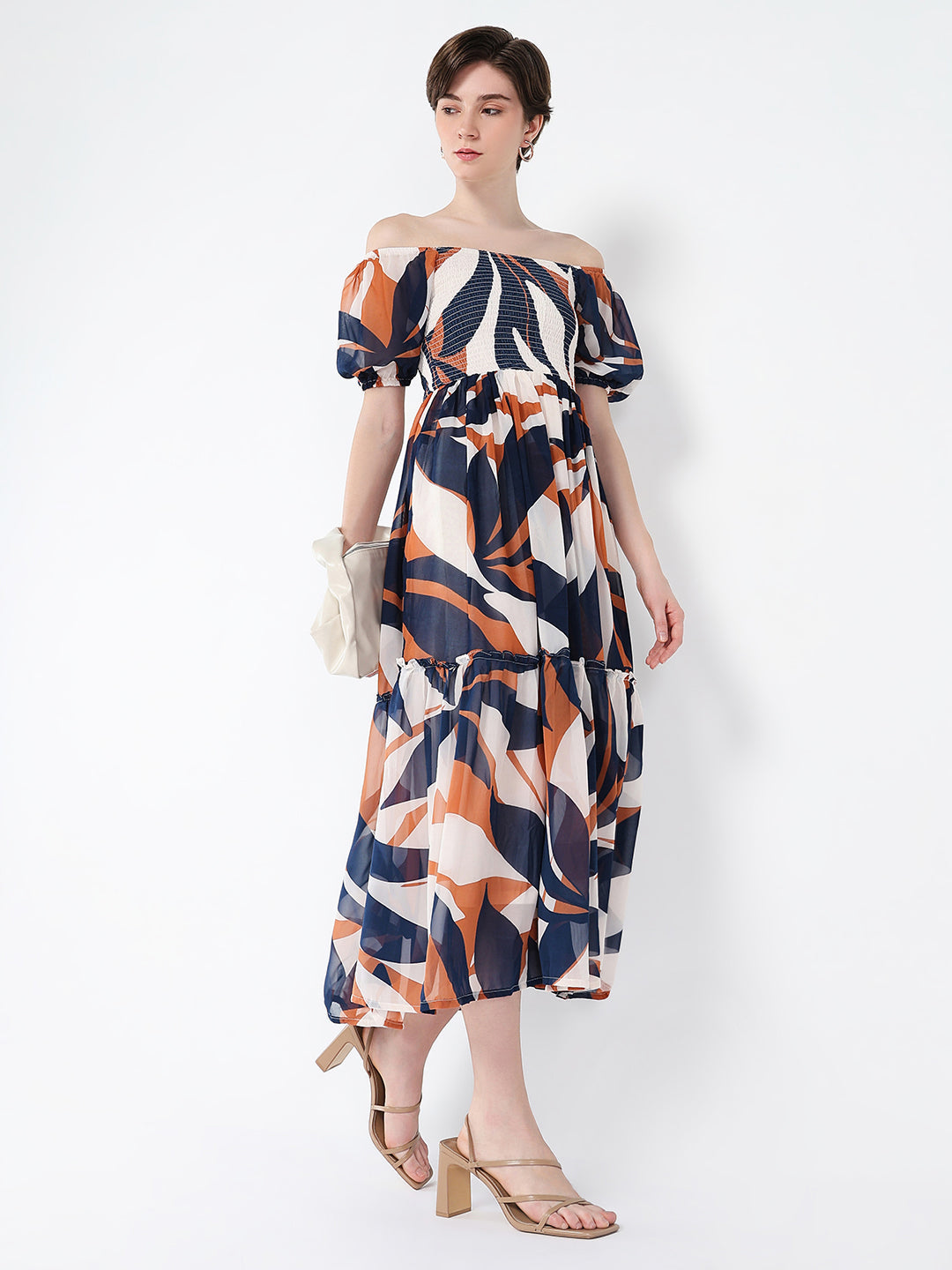 Women's Navy Blue Abstract Printed Off-Shoulder Puff Sleeves Fit & Flare Midi Dress