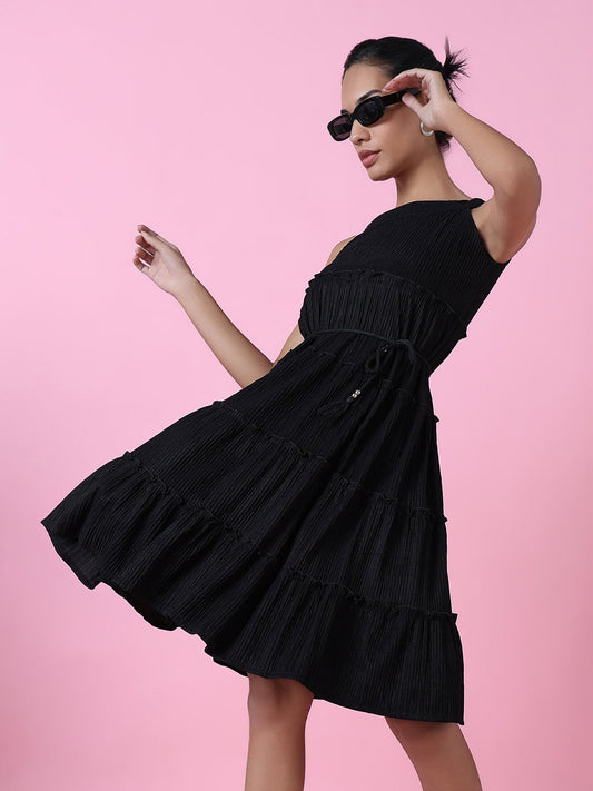 Women's Black Layered Solid Crepe Fit & Flare Dress