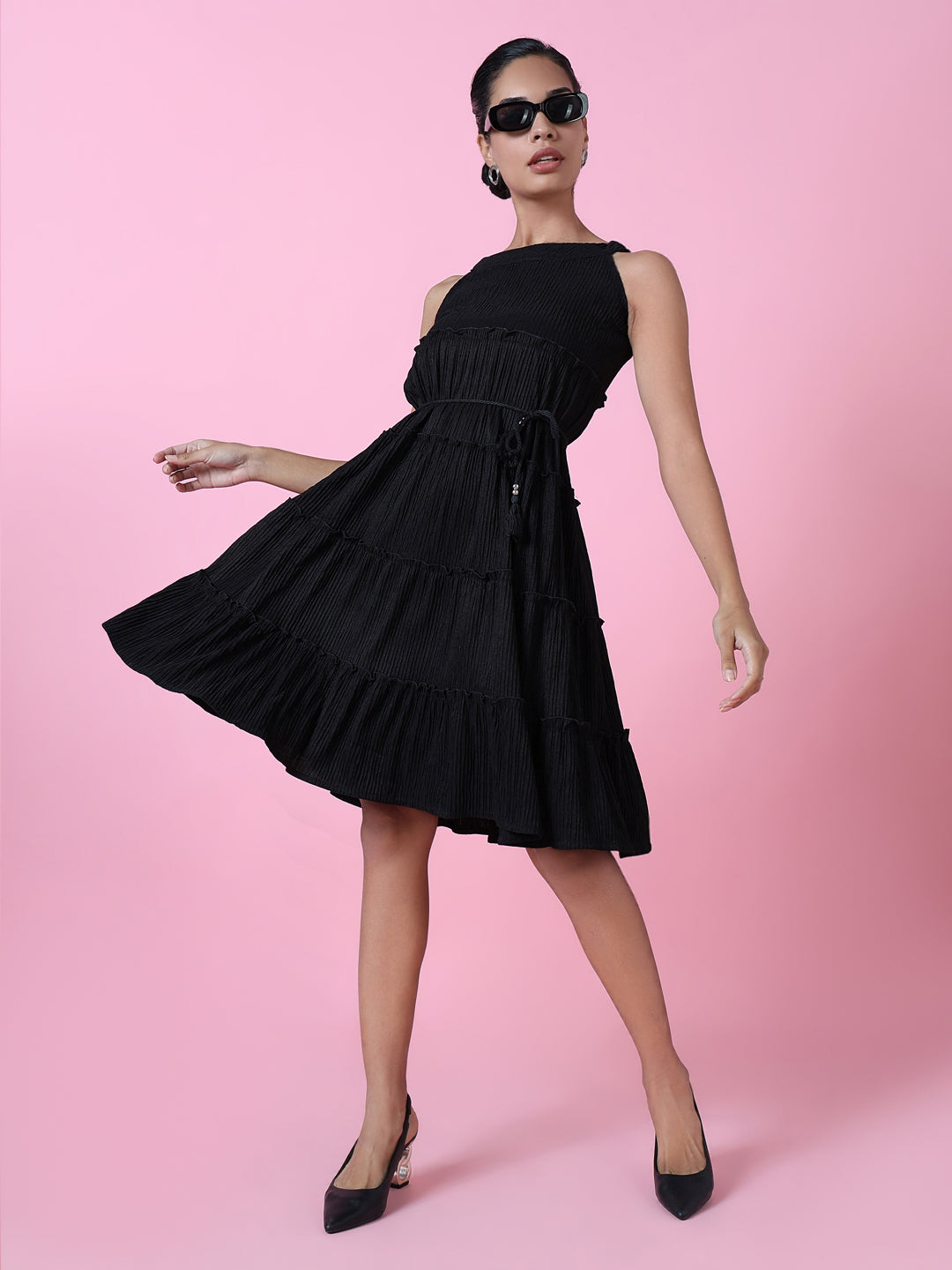 Women's Black Layered Solid Crepe Fit & Flare Dress