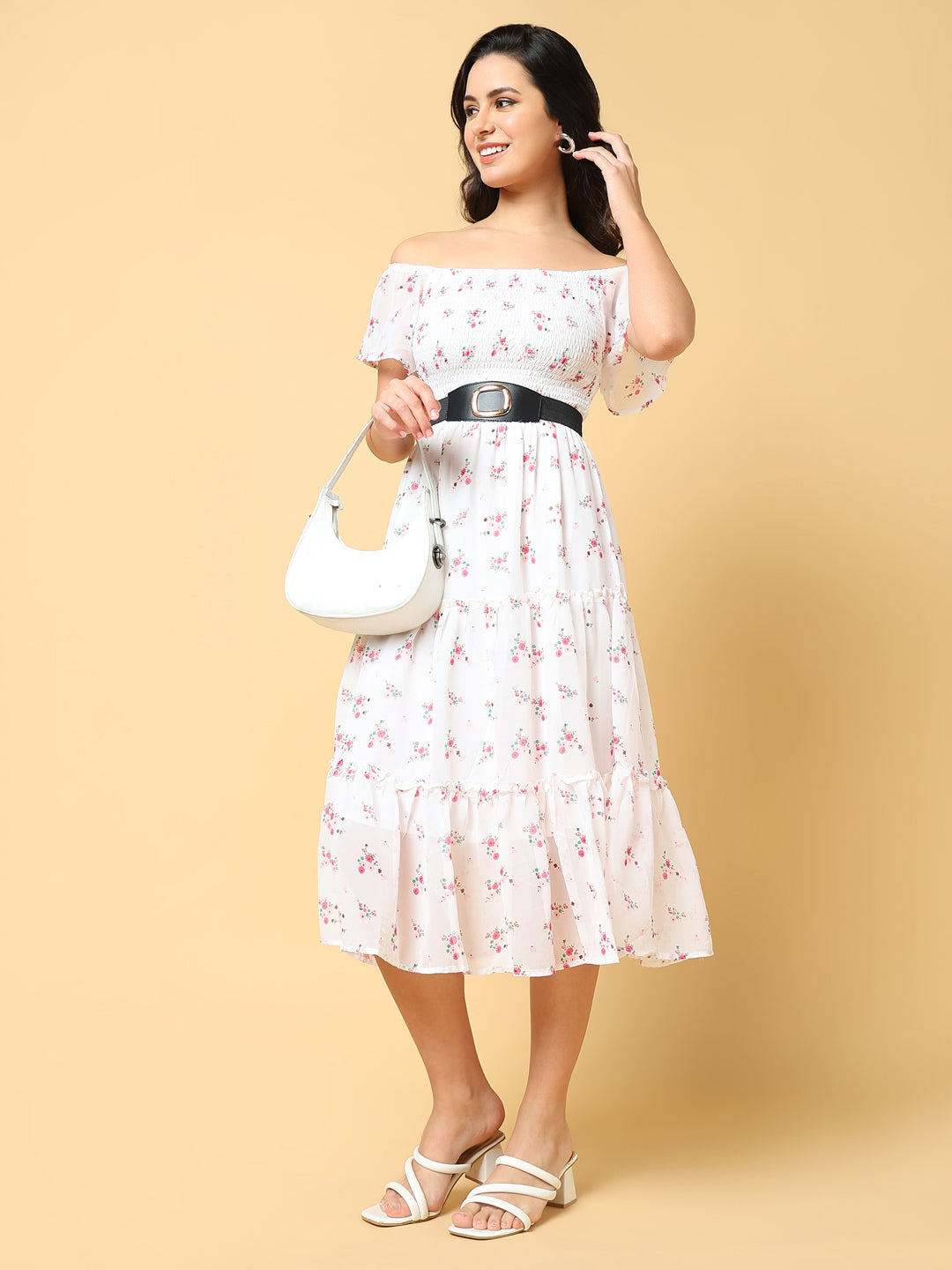 Women's Printed White Fit and Flare Dress with Belt