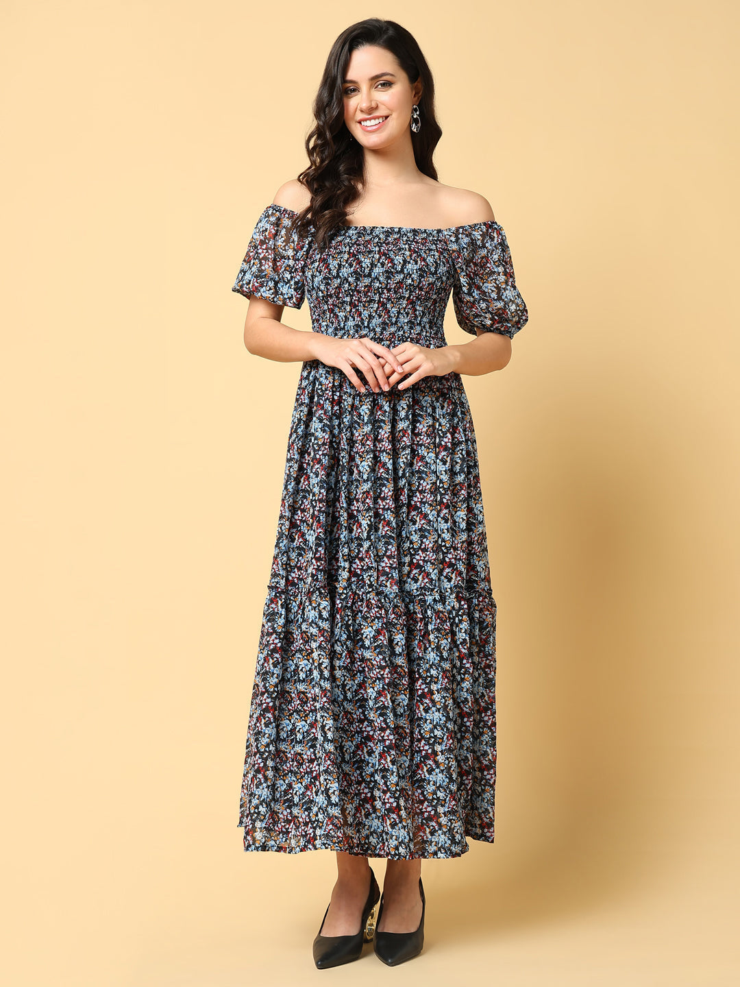 Women's Black Floral Print Off-Shoulder Puff Sleeve Georgette Fit & Flare Midi Dress