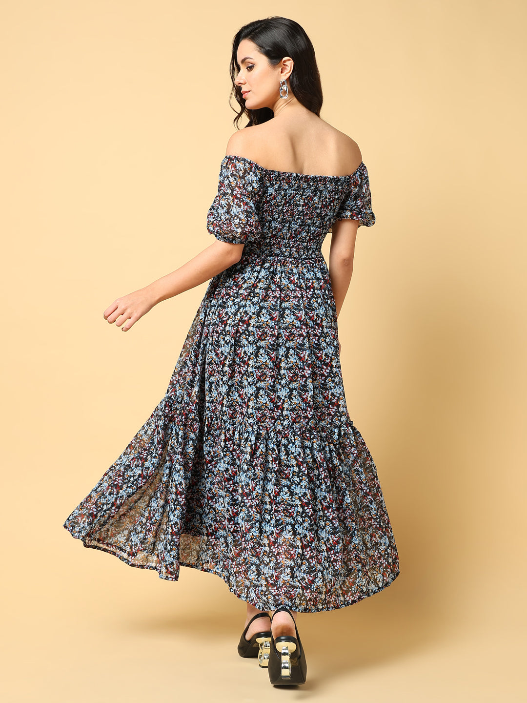 Women's Black Floral Print Off-Shoulder Puff Sleeve Georgette Fit & Flare Midi Dress