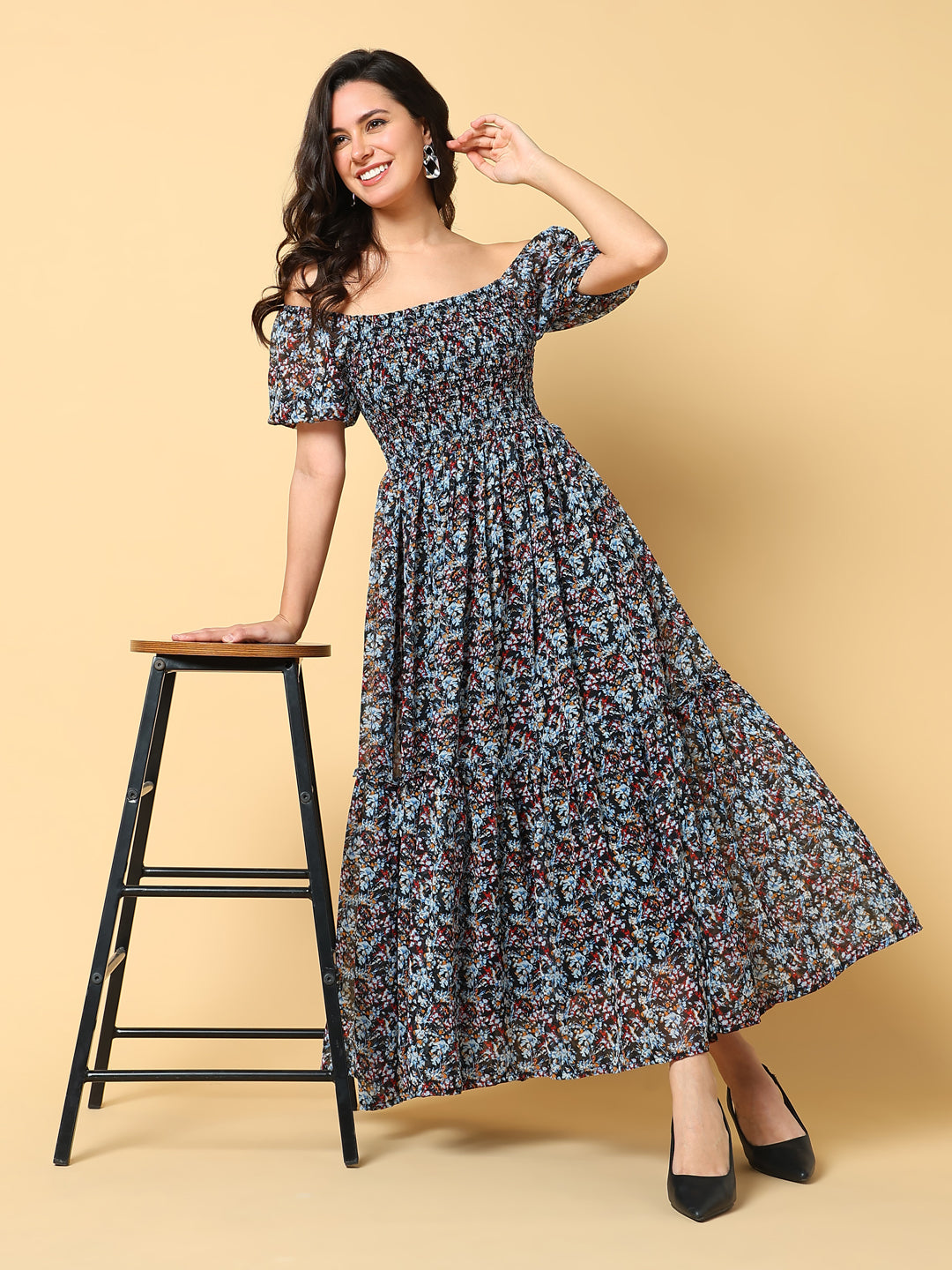 Women's Black Floral Print Off-Shoulder Puff Sleeve Georgette Fit & Flare Midi Dress